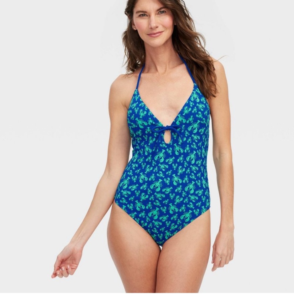 NWT Blue Halter One-Piece Swimsuit with Green Print